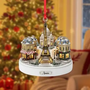 Personalized Paris Village Acrylic Ornament, Eiffel Tower Christmas Decoration, Custom French Holiday Gift