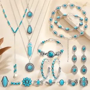20-piece set, including necklace, bracelet, earrings and ring - versatile jewelry set | Fashionable jewelry set, adorned with elegant turquoise accents, suitable for daily wear, party accessories and casual date decorations (excluding packa