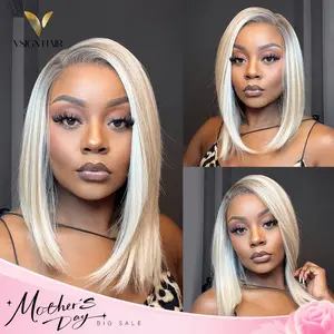 [Summer Vibes] VSIGN 13x6 HD lace Front Ombre Ash Blonde Mixed Brown and Blonde Color Bob Style Mother's Day Gift Natural Looking Synthetic Heat Resistant Fiber For Women