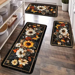 3pcs Bohemian Kitchen Mat Set, Floral Mat, Butterfly Mat, Black Mat, Kitchen Cushion Mat, Flannel Material Anti-Slip Soft and Comfortable Easy to Clean, Suitable for Bedroom, Living Room, Dining Room, Kitchen, Bathroom, Entrance Mat, Floor Mat