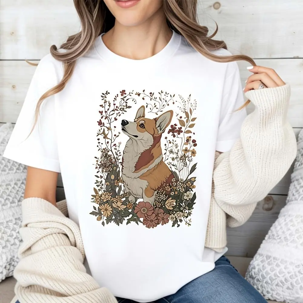 Women's Cotton Short-Sleeve T-Shirt - Cute Floral Corgi Dog Design, Breathable Essential Fabric, Casual Spring Summer Wear, Gift For Dog Lovers