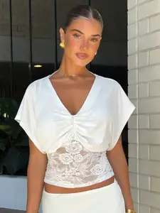 Women's Sexy Solid Color Lace Spliced Waist-Defining Sheer Top, Ruched Deep V Neck Loose Batwing Short Sleeve T-Shirt, Womenswear