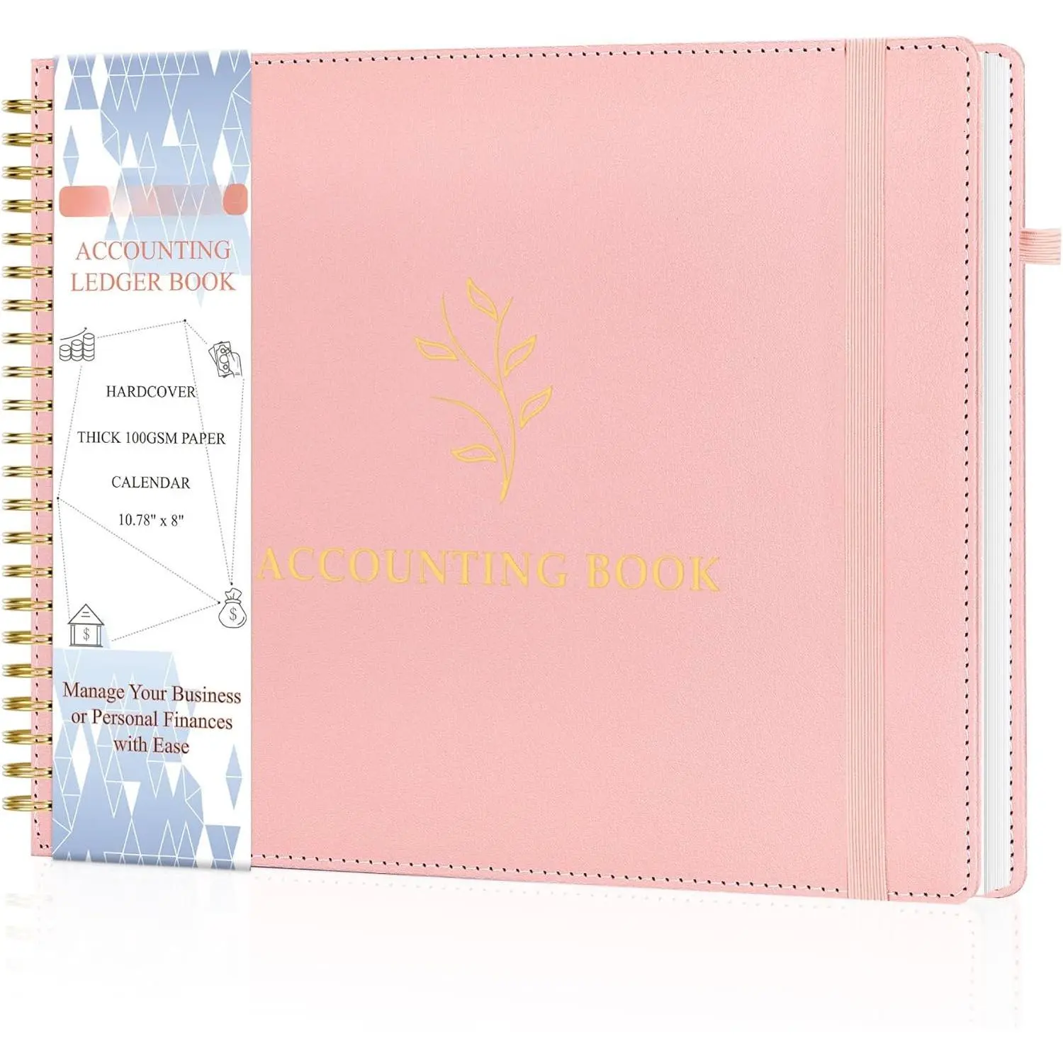 Hardcover Accounting Book for Personal & Small Biz Bookkeeping, Pu Leather Horizontal Columnar Grid Income & Expense Log Journal with Calendar Page, 3000 Lines, 10.78in x 8in Dusty Color Office Accounting Supply