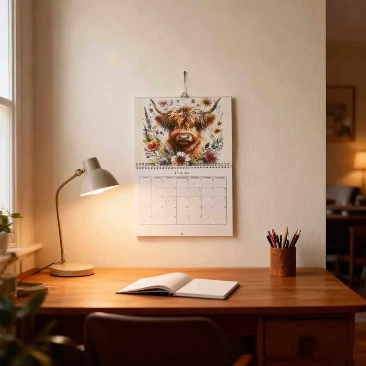 2026 Highland Cow Wall Calendar- Funny & Whimsical Highland Cattle Calendar, Animal Lovers & Home/Office Decor, 12-Month Spiral-Bound Calendar (Flower Highland cow)