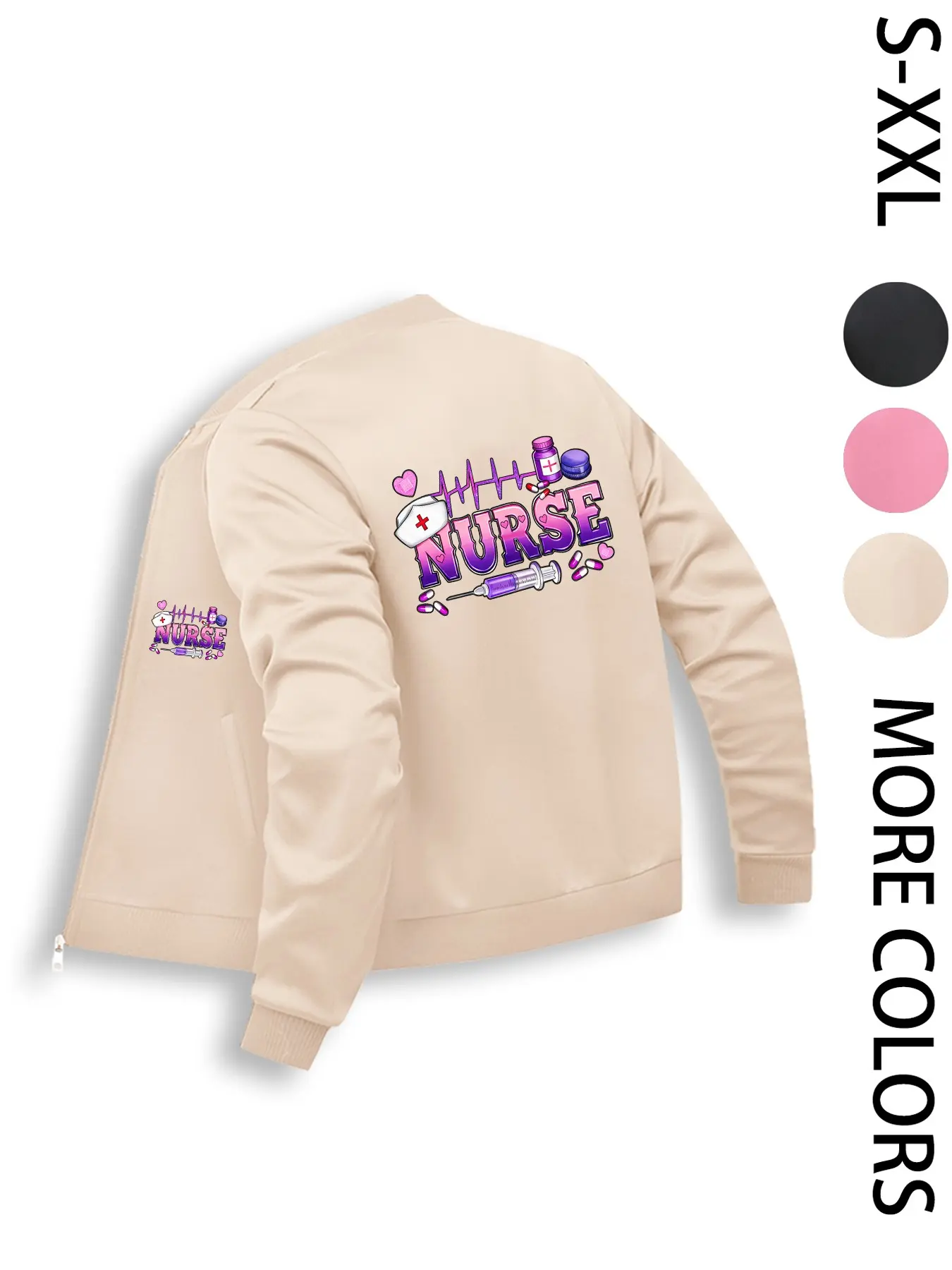 Women's Nurse Jacket, Lightweight Zipper Coat Outerwear Long Sleeve, Casual Comfy Jacket, American Street Graphic Print Design, All Seasons Fitted Perfect Fit, Casual & Street Style Womenswear, Casual Fashion Jacket