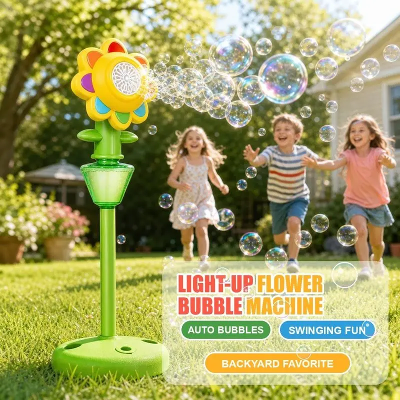 Sunflower-Shaped ABS Toddler Bubble Machine - Automatic Blower, 1-Button Start, Easy Operation, Colorful Lights, Non Toxic Bubbles, for Birthday Parties, Outdoor Play
