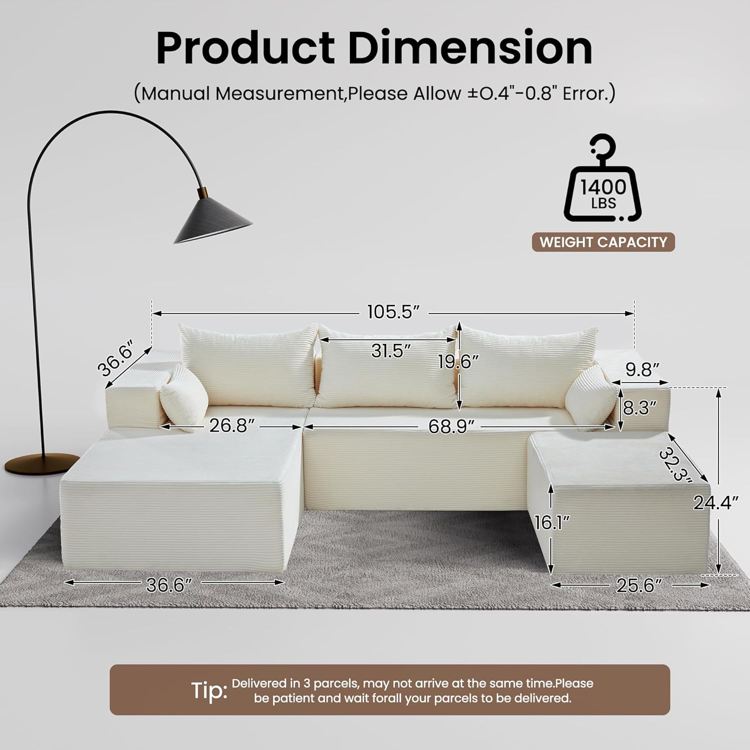 【Grusign】106" Cloud Sectional Boneless Couches for Living Room, Modular U&L Shaped Couch with Deep Seat Oversized Chaise, Memory Foam Compressed Spineless 3 Seater Sofa for Bedroom Apartmen 【Grusign】106" Cloud Sectional Boneless Couches for Living Room, Modular U&L Shaped Couch with Deep Seat Oversized Chaise, Memory Foam Compressed Spineless 3 Seater Sofa for Bedroom Apartmen