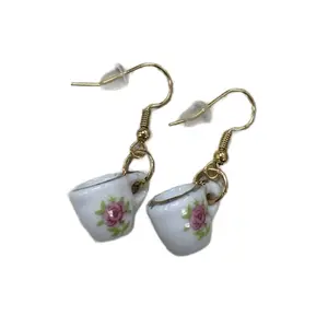 Ceramic White Teacups Earrings With A Rose Pink Design