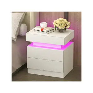 New 2024  GINRGINR LED Nightstand 2 Drawer Bedside Versatile Night Stand 1 Flapping Top Secret Box Modern End Table Wood For Bedroom Dorm Living Room Hallway Entryway Storage Drawers With High Gloss Panel 13.8 D 17.7 W X 20.5 H White