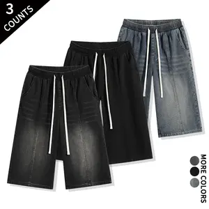 Set of 3 three-color denim mid-length shorts — drawstring elastic waist, gradient wide-leg design; versatile casual shorts for students, travel, and commuting fathersdaygift