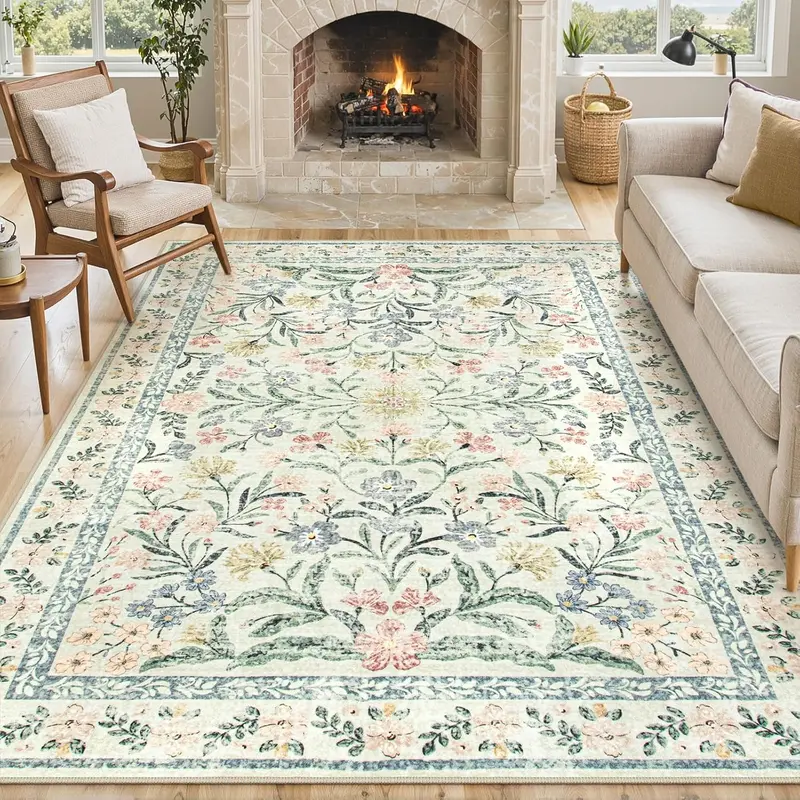 Lahome Flower Washable Area Rugs, Non-Slip Soft Rug for Dining Room, Living Room, Bedroom and Kitchen, Spring Rugs for Decor