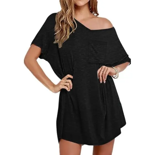 Ekouaer Women's Stretch Cotton Sleepshirt, V-Neck Half Sleeve Boyfriend Nightgown, Casual Off Shoulder Loungewear, Style, Nightwear, Tunic, Oversized, Print, Wife, Party, Xxl, Spandex, Lady, Solid, Elastane, Piece, Plain, Sexy, Anti-Shrink, Hanging With F