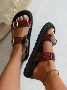 Thick Sole Mule Sandals with Dual Buckle Design, Decorative Texture, Lightweight Casual Summer Shoes for Daily Wear, Chunky Sole Sandals
