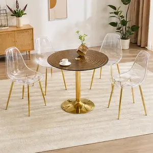 ARCH 35-Inch Round Glass Dining Table Set with 4 Transparent Plastic Chairs, Gold Metal Legs, Light Luxury Brown Ring Glass Top, Modern Kitchen & Dining Room Furniture, Seats 4, Gold/Transparent Color Options, Easy Assembly, Color: Gold,Transparent
