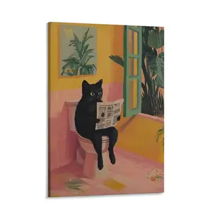 Funny Cat Bathroom Wall Art,Cute Black Cat Sitting on Toilet Reading Newspaper Poster Wall Decor Painting,Whimsical Animal Canvas Artwork Prints Pictures for Bathroom Restroom