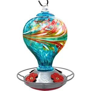 Hummingbird Feeder by  - Large Hand Blown Stained Glass Feeder for Garden, Patio, Outdoors, Window with Accessories S-Hook, Ant Moat, Brush - 36fl oz, Large Blue Egg Design