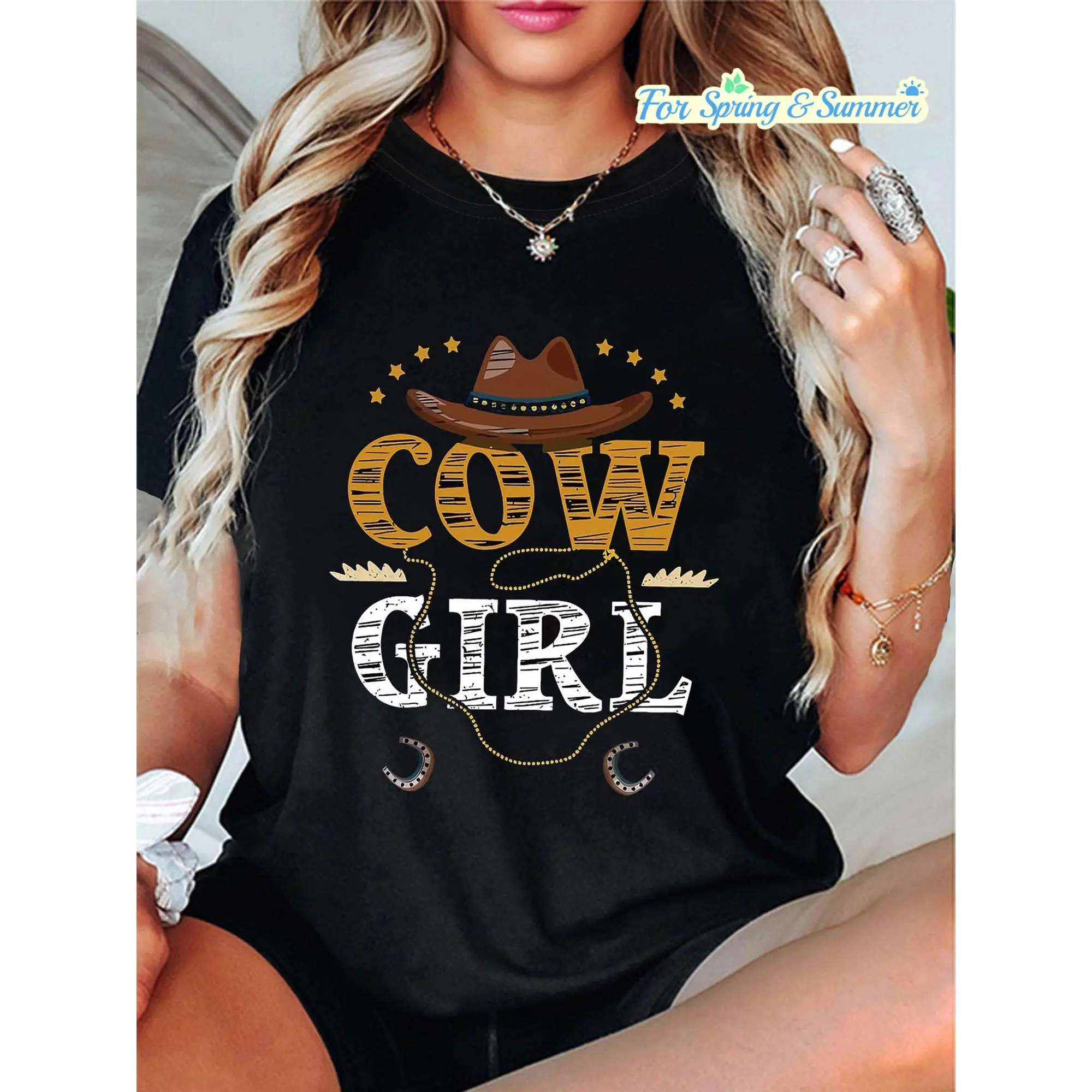 , COW Graphic Print  Women'S T-Shirt, Short Sleeve Crew Neck Casual Top For Summer & Spring, Women'S Clothing