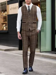 Men's Vintage Plaid Checked Vest and Pants Set, British Style Slim Fit, Suitable for Business, Wedding, Daily Commute