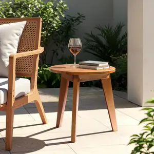 【Summervibes】Ubesgoo 15.7in Outdoor Wood Side Table, Small Round Patio Coffee Table, Weather Resistant End Table for Indoor Outdoor Balcony Lawn Pool, Teak Finish