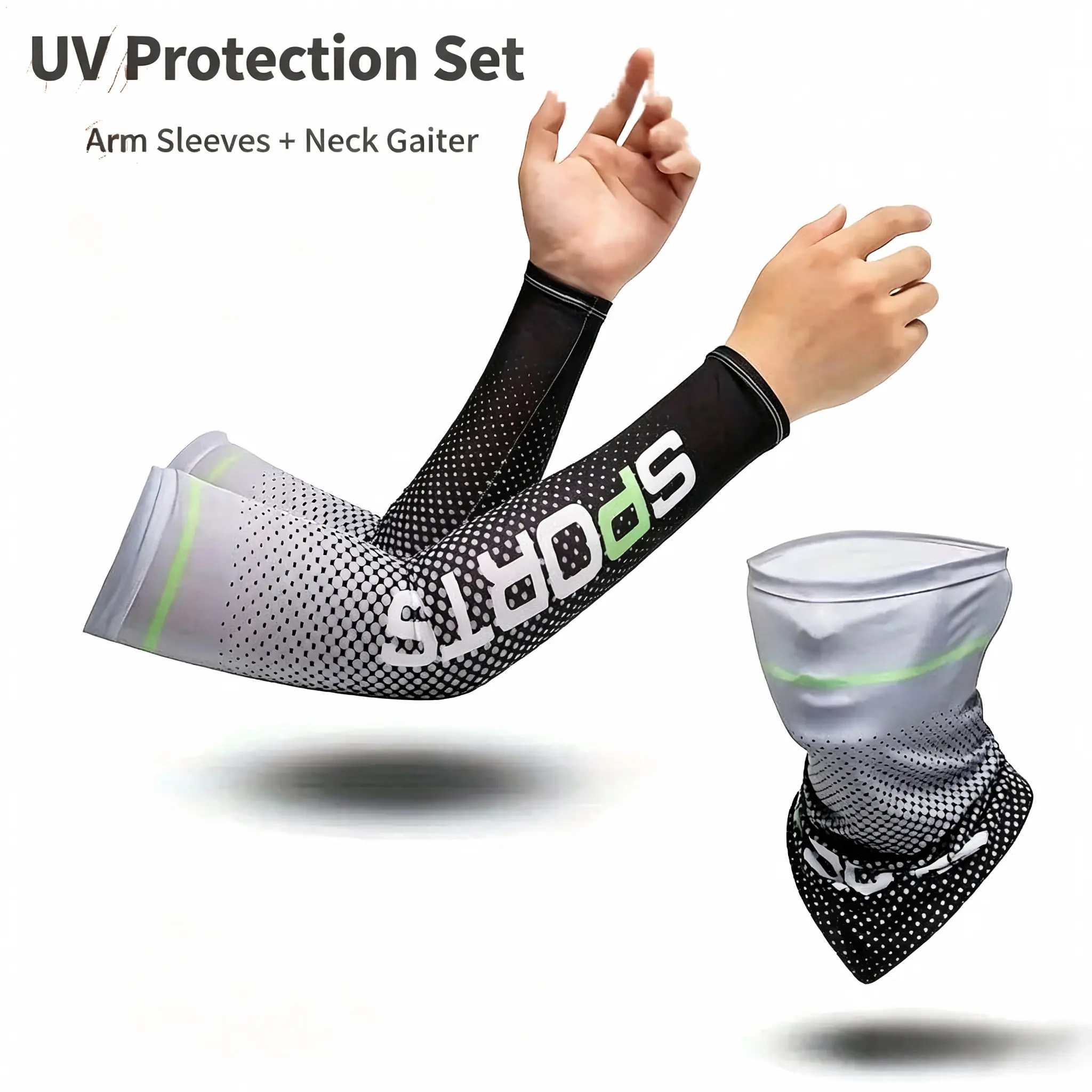 SPORTS Print Sports Arm Sleeves Set, Soft Elastic Ice Fabric Sports Arm Sleeves, Anti-UV Windproof Arm & Neck Protection Kit for Hiking Climbing Road Bike Camping compression
