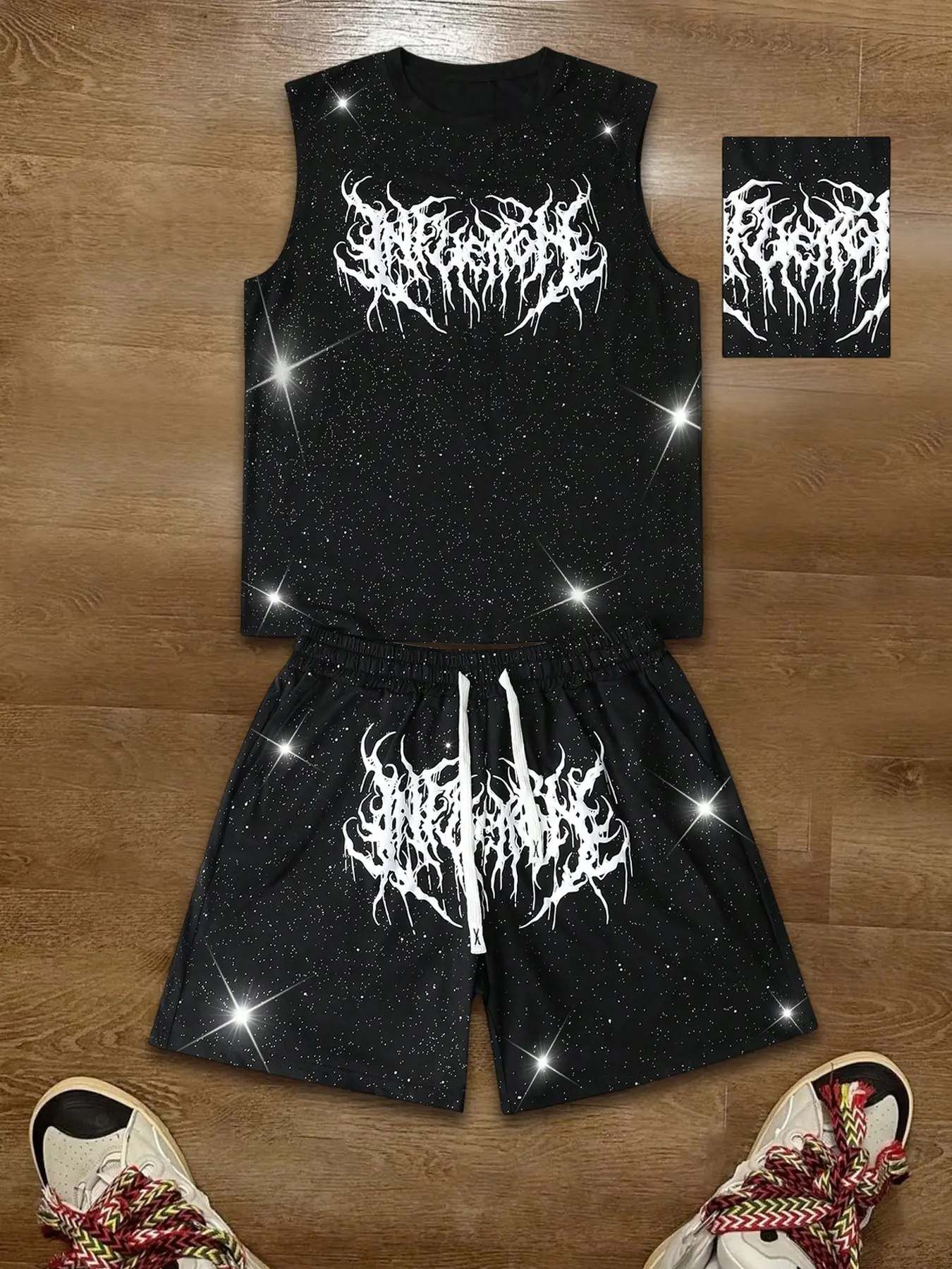 2026 New Men's Dark Glitter Thorn Print Two-Piece Set, Breathable Sleeveless Vest + Elastic Waist Drawstring Shorts, Streetwear, Daily Wear, Night Out, Shorts Casual Set