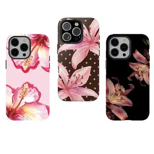 Tropical Hibiscus & Lily Phone Case,Pink Floral Aesthetic Dual-Layer design durable phone Cover,for iPhone