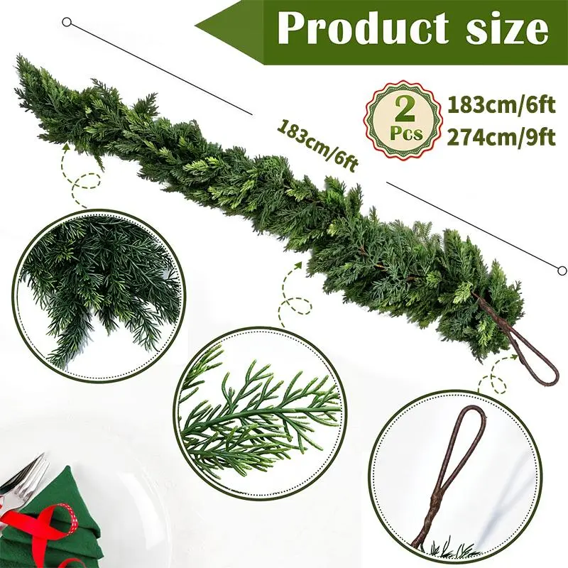 6-ft Green Artificial Norfolk Pine Wreath 2-Piece Set, Realistic Texture Decor with Fruits for Wedding & Bridal Headwear Fashion Accessories, Indoor/Outdoor Holiday Decor