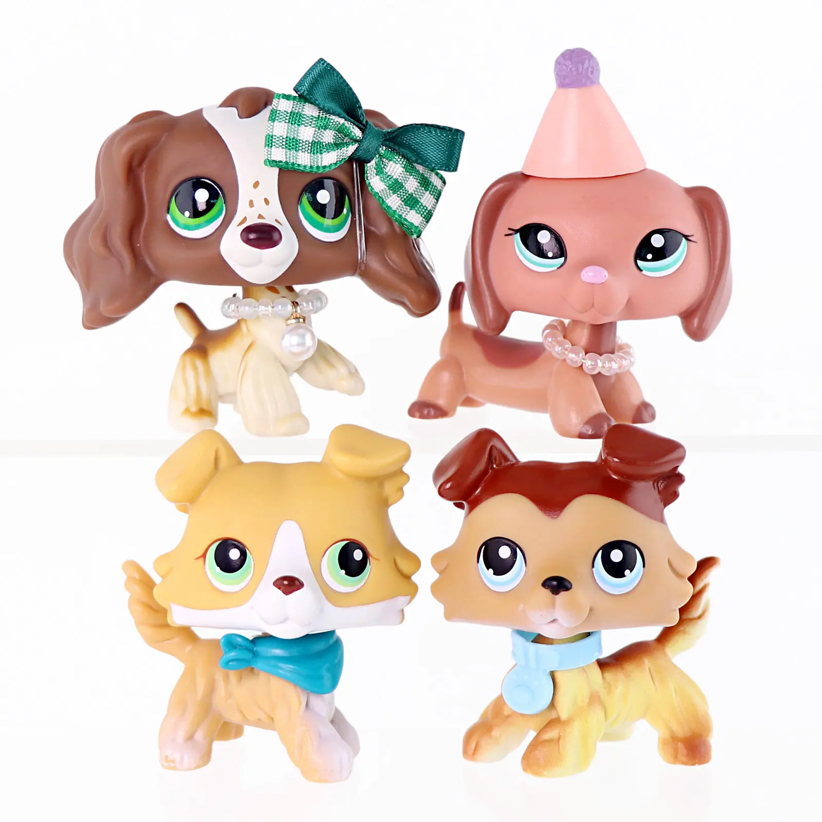 4 Pcs Mixed Breed Mini Dog Figurines Set, Collectible Puppy Figures with Party Hat, Plaid Bow, Pearl Necklace & Bandana Collar Accessories, Small Cartoon Pet Statues Playset for Kids, Birthday Party Favor, Dollhouse Mini Decor Ornaments