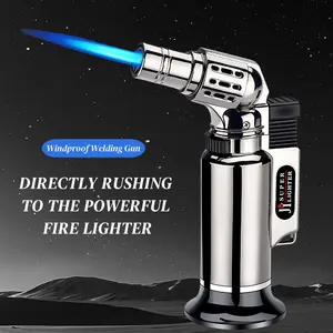 Windproof Metal Butane Torch Lighter with Safety Lock & Adjustable Flame – Sleek Blue Flame, Refillable for Cooking, Welding, Baking & Dessert Making – Perfect Gift for Men (Butane Not Included)