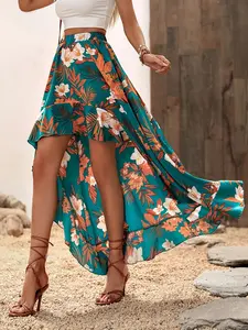 Women's Floral Print High Low Hem Skirt, Boho Ruffle Trim Elastic Waist Short Skirt for Beach Holiday Vacation, Ladies Summer Clothes, Boho Fashion Skirt, Womenswear