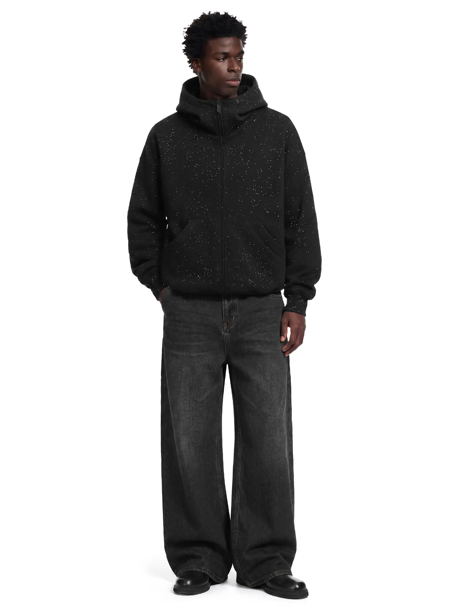FDR Glitter Zip Up Hoodie Jacket Stand Collar Oversized Unisex Fall Winter, Basic, Streetwear