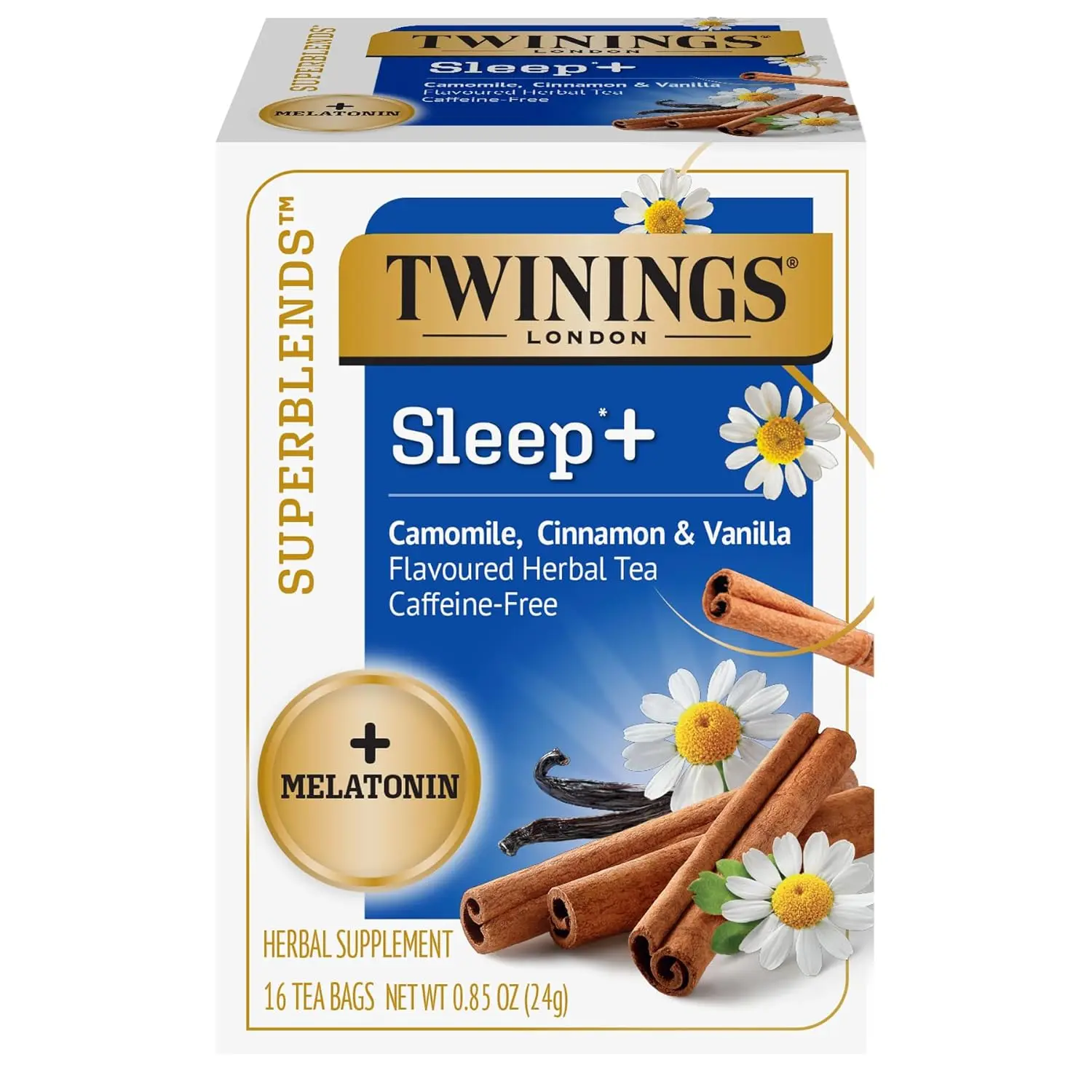 Twinings Superblends Sleep+ Herbal Tea with 1mg Melatonin Camomile, Cinnamon & Vanilla, Naturally Caffeine-Free, 16 Count (Pack of 1), Enjoy Hot or Iced, Teabags