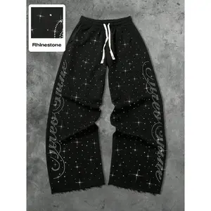 Men's Street Style Rhinestone Straight Leg Sweatpants, Loose Fit Long Pants Design, Comfortable Fashion Joggers for All Seasons