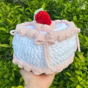 Handmade crochet strawberry heart cake pillow