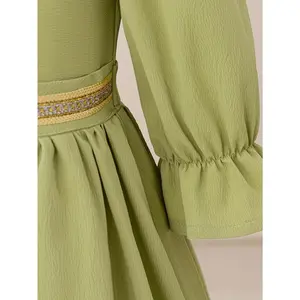 Girls' Elegant Embroidered Floral V-Neck Long Sleeve Kaftan Dress with Adjustable Waist Belt - Middle Eastern Muslim Ramadan Eid Party Dress, Hand Wash Only, All-Season Traditional Attire, Muslim Clothes