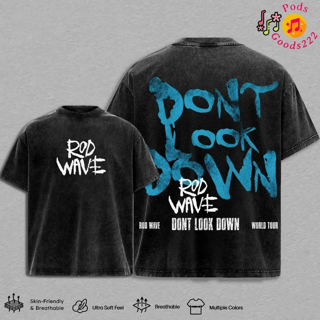Rod Wave Don't Look Down Tour 2026 Graphic Apparel - Classic Unisex Heavy Cotton Short-Sleeve Tops, Hoodies, Sweatshirts, Vintage Washed Rap Concert Merch, Seamless Hip Hop Streetwear Gift for Music Fans, Shortsleeve, Menswear, Oversized NIO