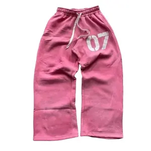 European & American Letter Print Pink Sweatpants Elastic Waist Loose Fit Unisex Joggers Preppy Streetwear Casual Wear for Men & Women