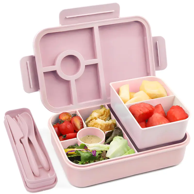 Bugucat Leak-Proof Bento Lunch Box 1300ML with 6 Compartments, Kids & Adult Bento Box with Cutlery, Dishwasher & Microwave Safe, High-Quality PP Material, 22x15x5.5 cm, Ideal for School, Kindergarten, Office
