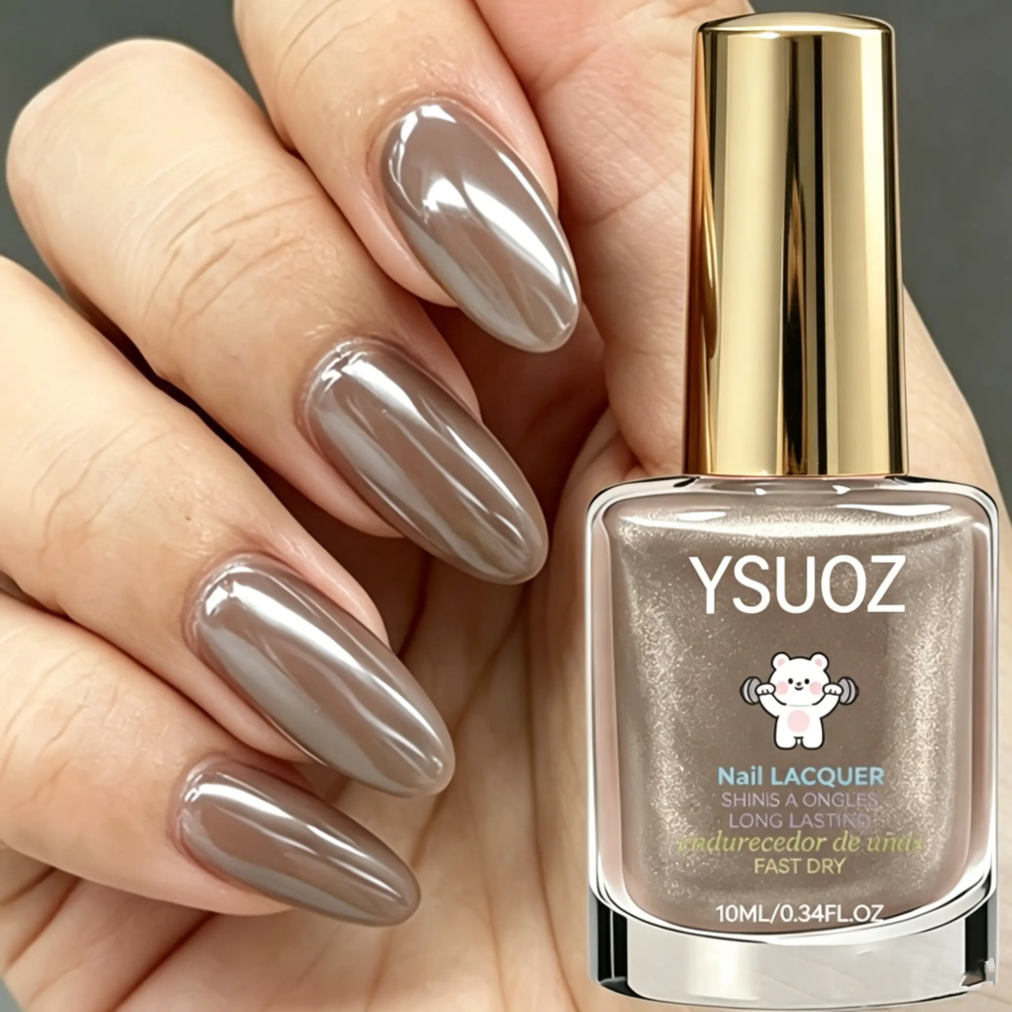 Grey-Toned Mirror-Finish Nail Strengthener – Quick-drying formula; no UV lamp required. Features a pearlescent mirror effect that brightens nails and delivers long-lasting shine. Designed for busy lifestyles and professionals alike.