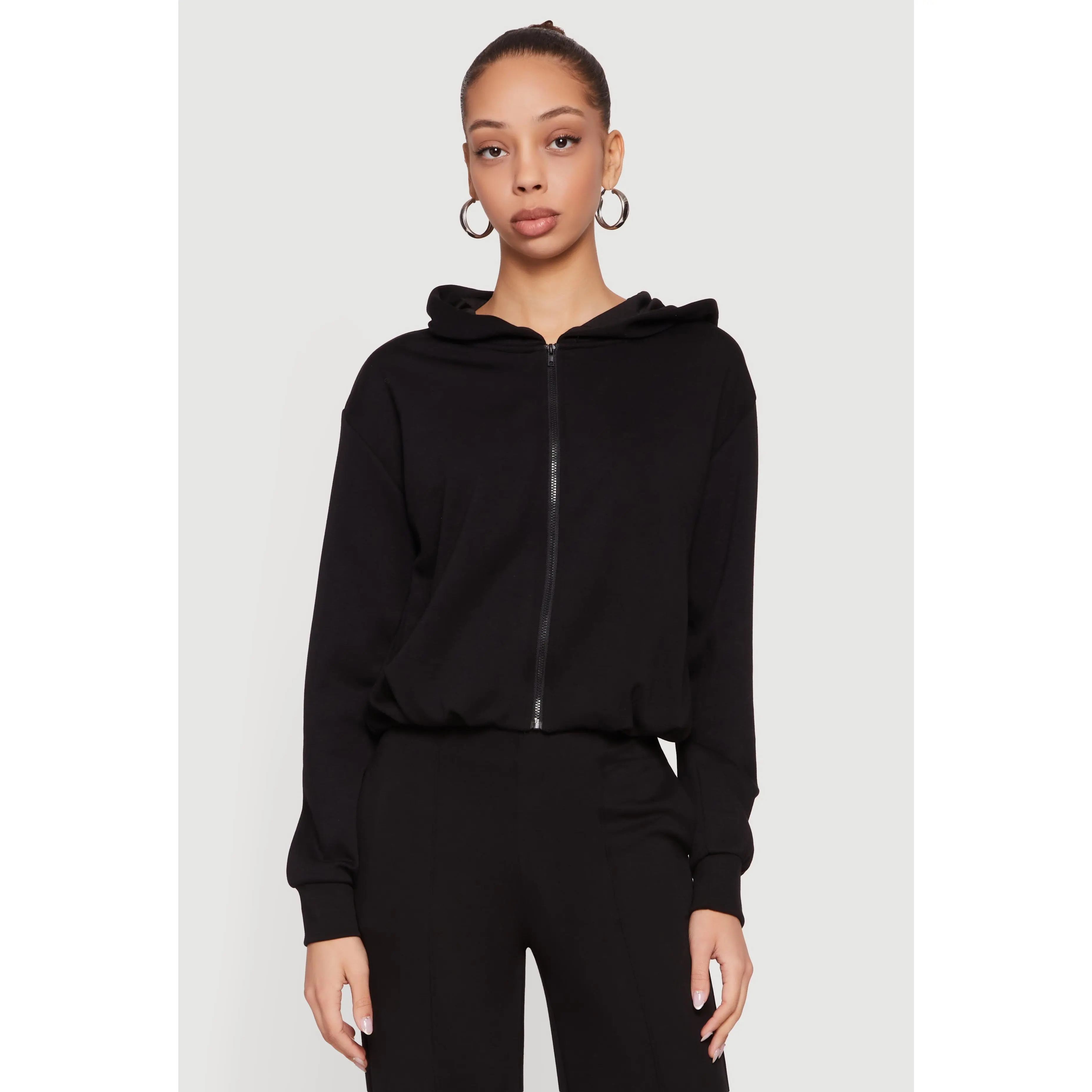 Zip Front Bubble Hem Hooded Sweatshirt