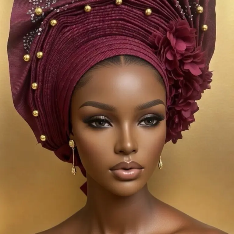 Auto Gele with Gold Beeds. And Flower Accent Gum Snack