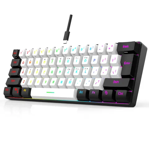 60% Wired Gaming Keyboard, 61 Keys RGB Backlit Ultra-Compact Small Gaming Keyboard, for PC/Mac Gamer, Typist, Travel, Easy to Carry on Business Trip(Black-White)