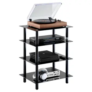 【Summervibes】VEVOR 4-Tier AV Media Stand, Audio/Video Stand with Strengthened Tempered Glass Shevles for DVD/Cable Boxes/Games Consoles, Height Adjustable Media Storage Cabinet for Recording Room Organiser Rack