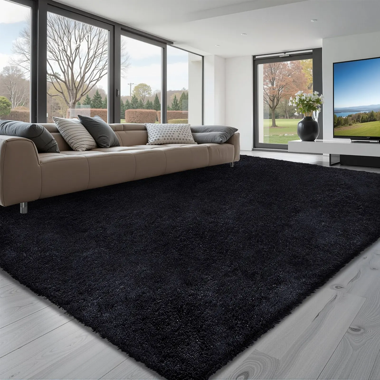 Indoor Plush Area Rug 8 By 10 Feet, Ultra Soft Furry Shag Carpet For Living Room, Bedroom, And Sunroom, Modern Home Decor Aesthetic, Non-Shedding, Non-Woven, Slip-Resistant, Thick Pile, Easy Clean, Low Piling, Black