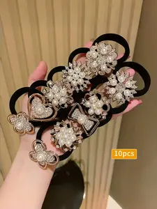 10pcs Rhinestone Faux Embellished hair band, Cute Elastic Jersey Material, Includes Minimalist & Elegant Styles Women's Hair Ties