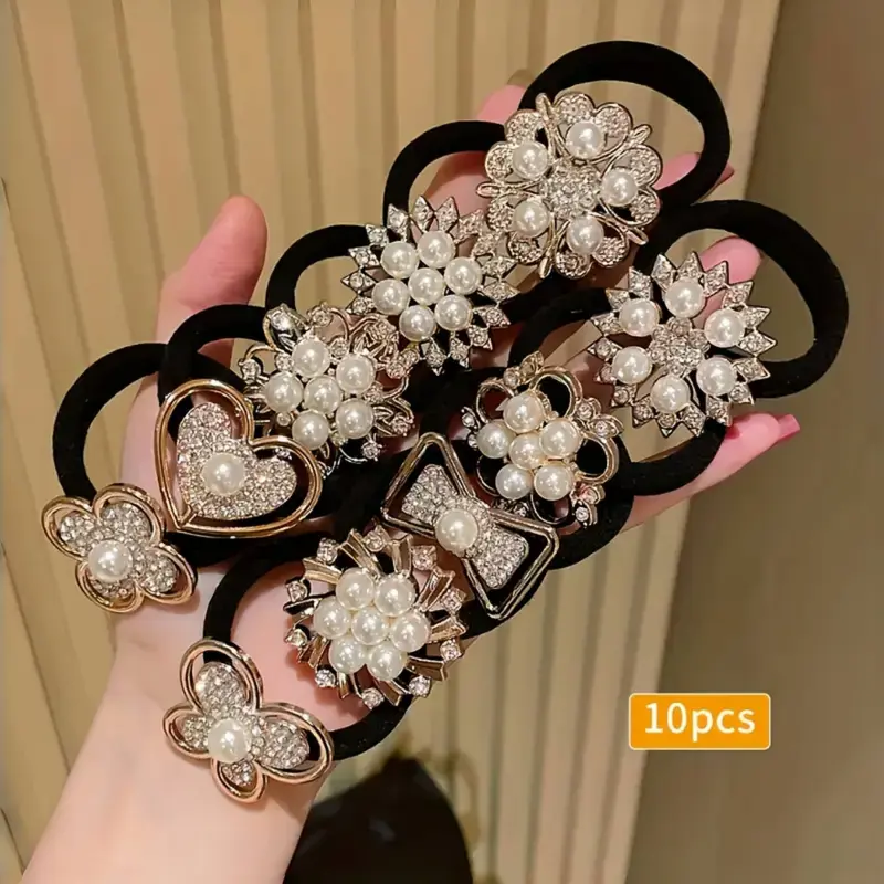 10pcs Rhinestone Faux Embellished hair band, Cute Elastic Jersey Material, Includes Minimalist & Elegant Styles Women's Hair Ties, Elastic Band Scrunchie, Cute hair accessories