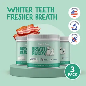 3 Pack of Dog & Cat Dental Powder - Food Topper for Fresh Breath & Clean Teeth - Gentle Formula for Sensitive Stomachs - Bacon Flavor Tartar Plaque Remover - Natural Oral Care for Dogs and Cats