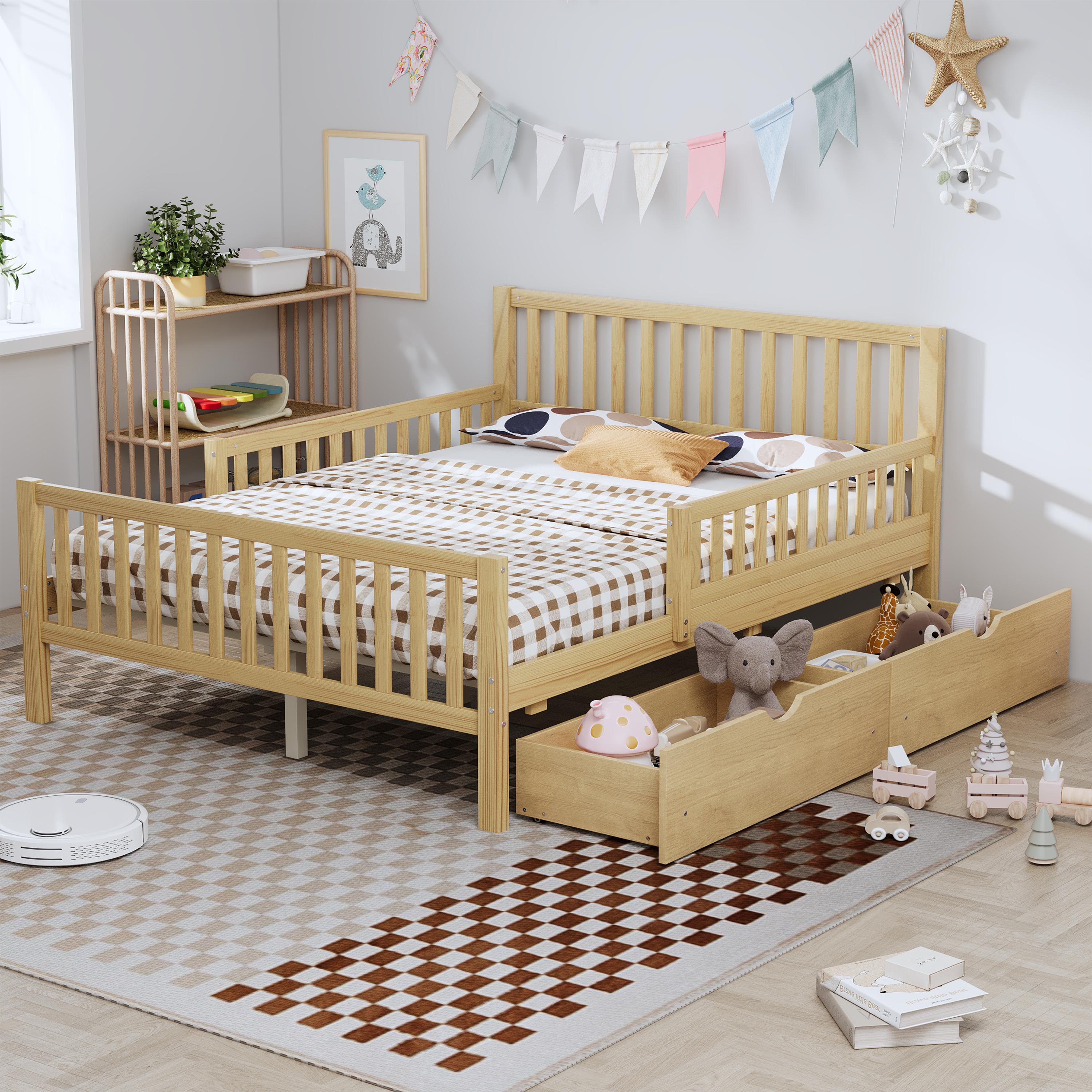 Eyisean Full Size Wooden Slat Support Platform Beds, Safety Bed Frame with Three-Side Guardrails, Space-Saving Daybed with Storage Drawers & Headboard, No Box Spring Needed, Easy Assembly for Bedroom