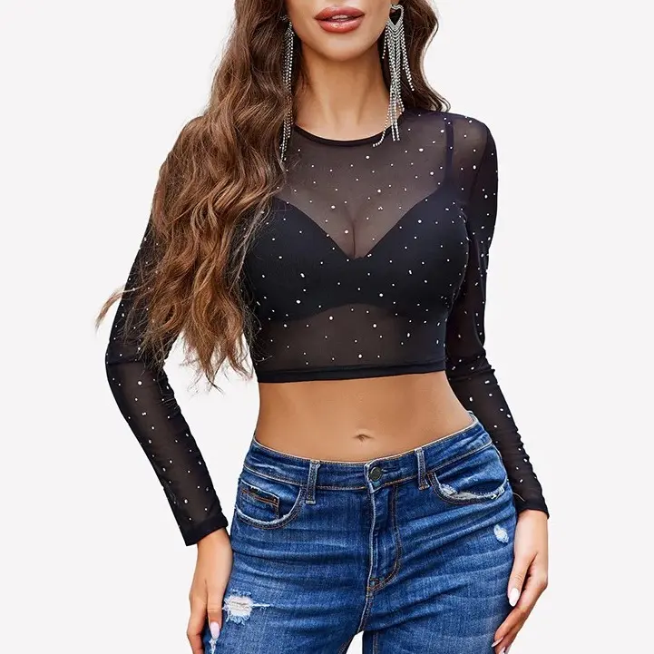 Avidlove Womens Sparkly Rhinestone Mesh Top Long Sleeve Sheer Shirt Crewneck Glitter Tops See Through Crop Top Avidlove Womens Sparkly Rhinestone Mesh Top Long Sleeve Sheer Shirt Crewneck Glitter Tops See Through Crop Top