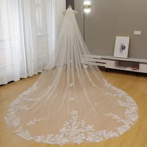 Romantic Cathedral Length Bridal Veil with 3D Floral Lace Applique - Sheer Tulle Wedding Veil with Scattered Flower Embroidery and Comb for Bride